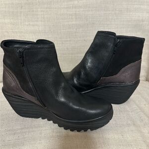 Fly London Black and Brown Wedge Women's Ankle Boot